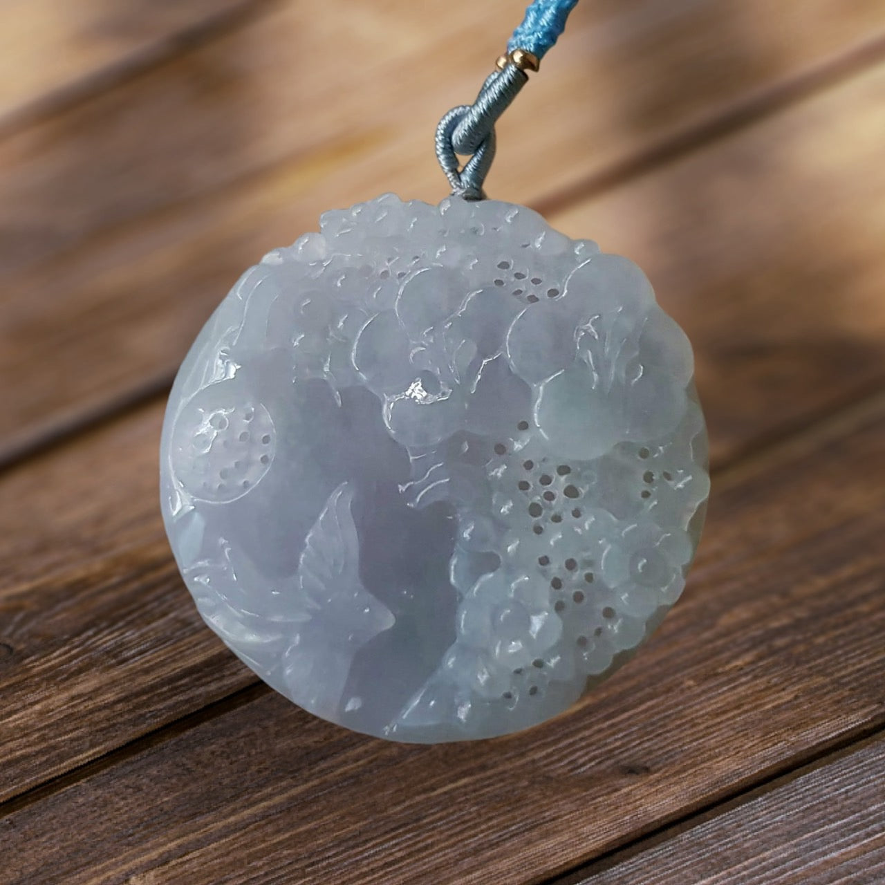 #939 Natural Translucent Lavender Burma Jadeite, "Birdsong Amidst Fragrant Blooms" Pendant