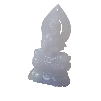 #944 Burma White Jadeite Guanyin Pendant with 18 Karat Yellow Gold Bail and Display