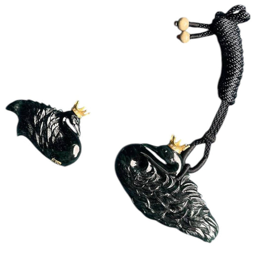 PO7 Omphacite Jadeite/Fe Cui Swan Pendants with 18K Yellow Gold Crowns