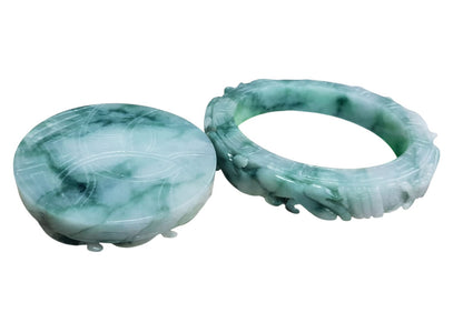 #1103 Green Burmese Jadeite Dragon &amp; Phoenix Carved Bangle with Matching Core Set