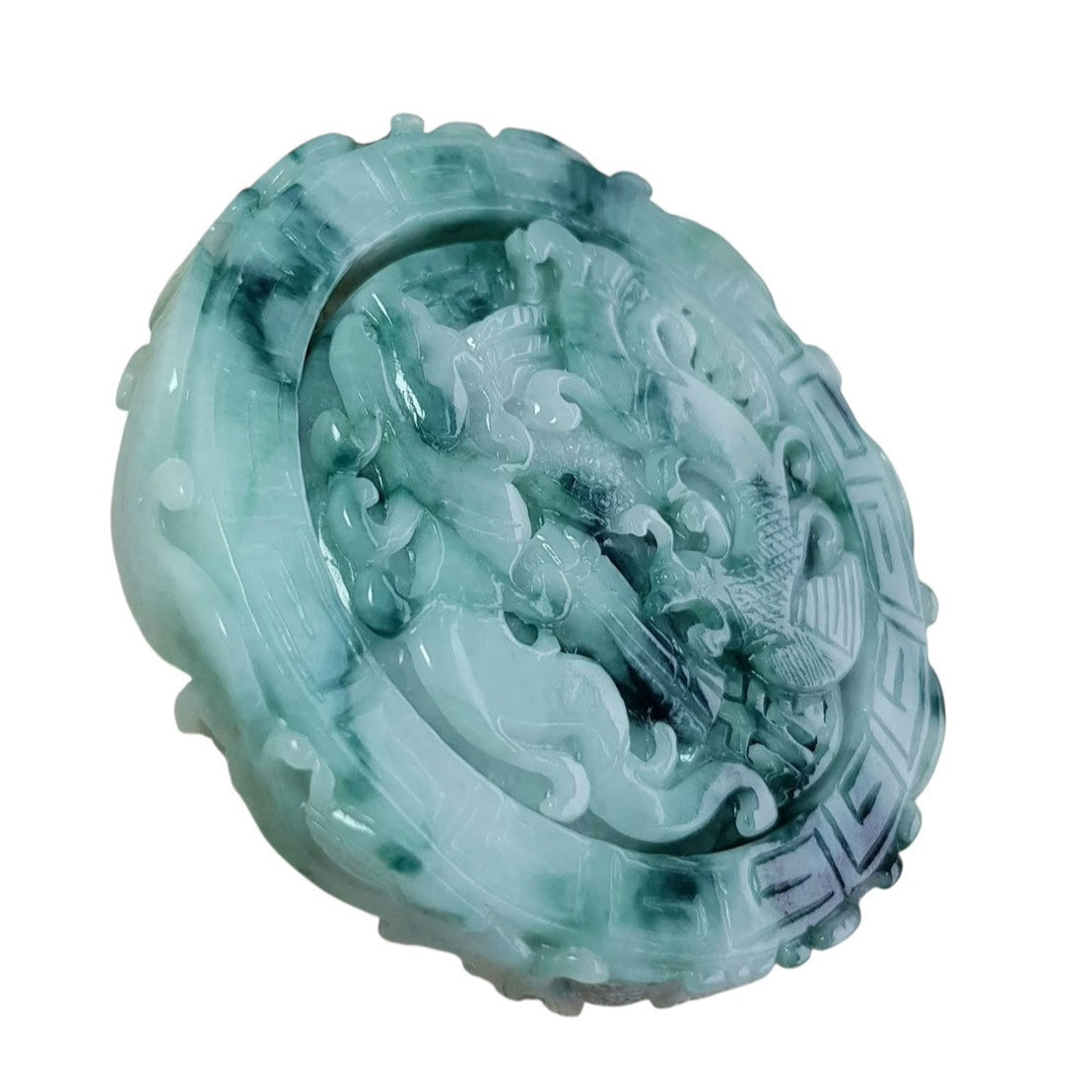 #1103 Green Burmese Jadeite Dragon &amp; Phoenix Carved Bangle with Matching Core Set