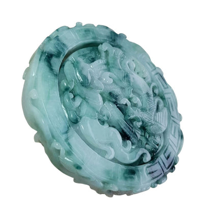 #1103 Green Burmese Jadeite Dragon &amp; Phoenix Carved Bangle with Matching Core Set