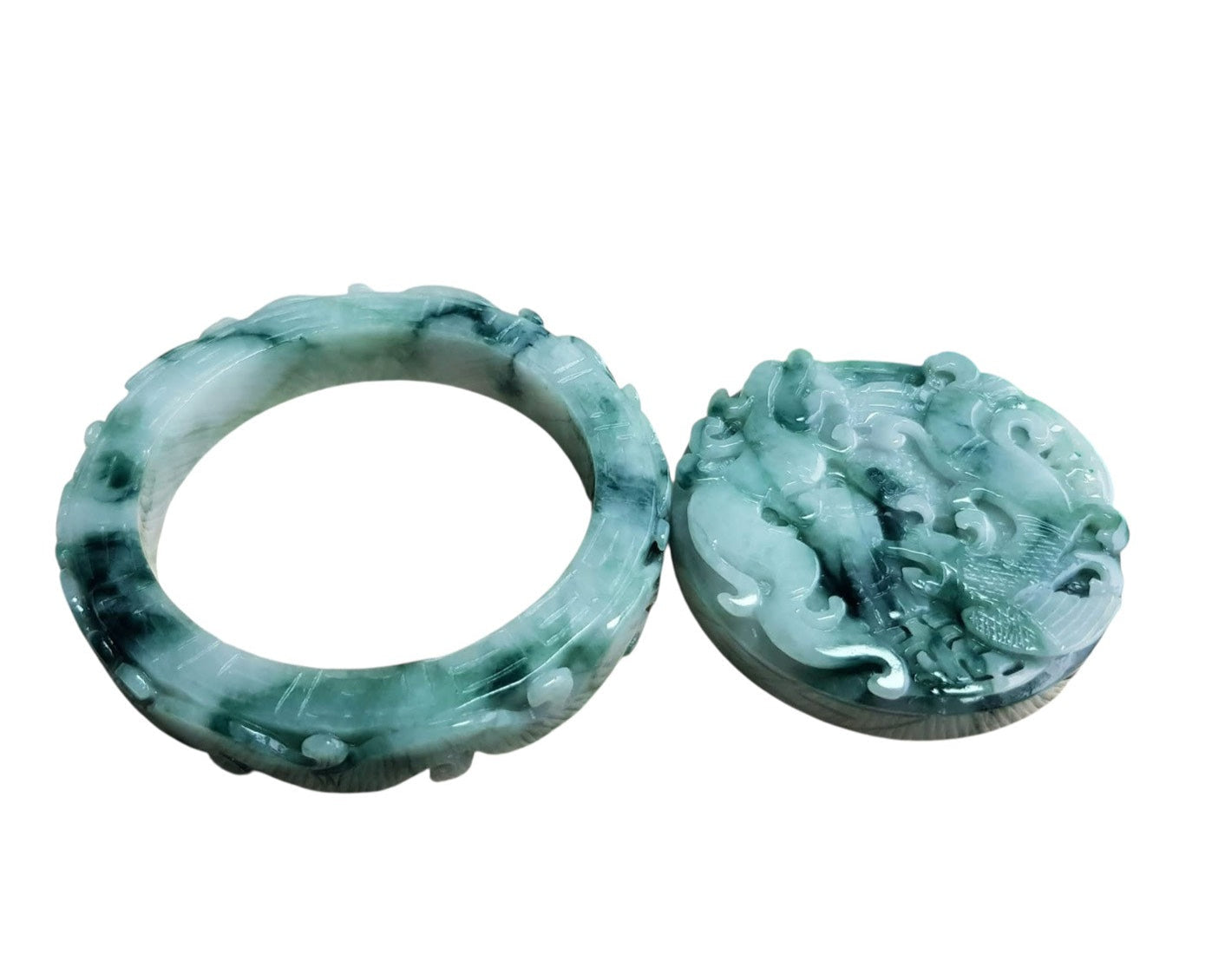 #1103 Green Burmese Jadeite Dragon &amp; Phoenix Carved Bangle with Matching Core Set