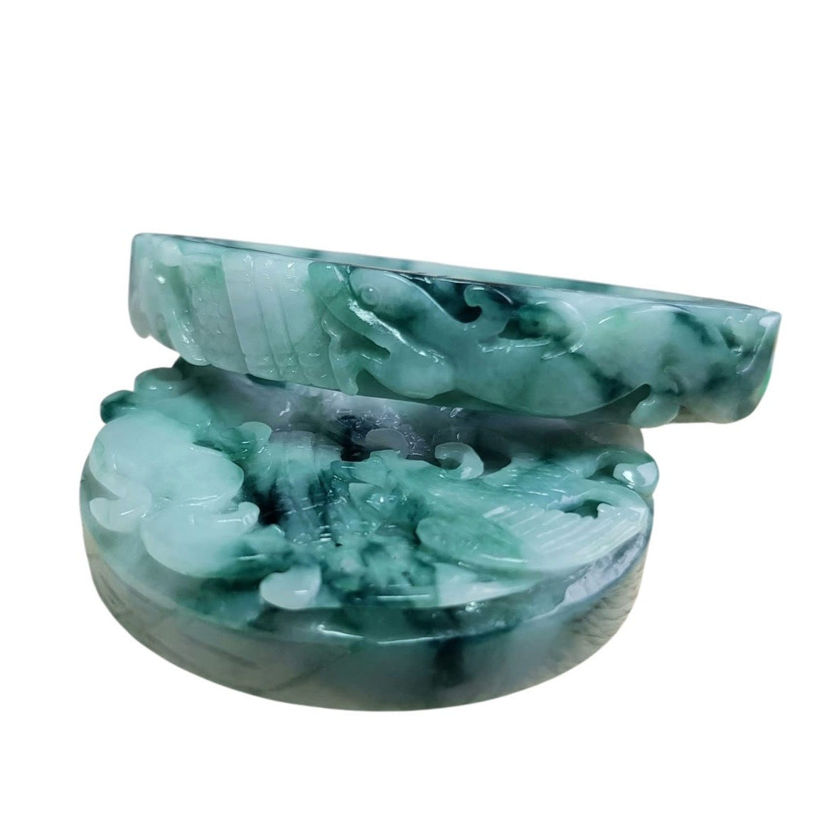 #1103 Green Burmese Jadeite Dragon &amp; Phoenix Carved Bangle with Matching Core Set