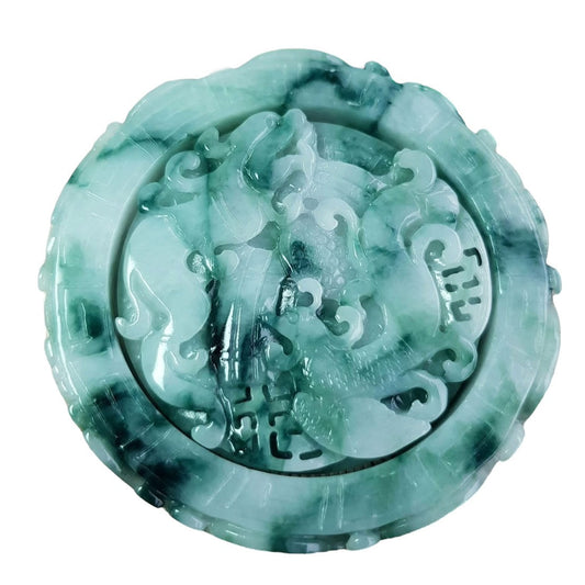#1103 Green Burmese Jadeite Dragon &amp; Phoenix Carved Bangle with Matching Core Set