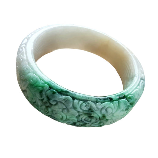 #1104 Green &amp; White Burmese Jadeite Carved Peace Bangle Bracelet