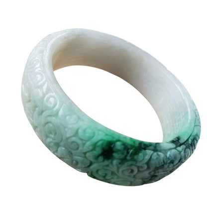 [Little Jade Pavilion] #1104 Green &amp; White Burmese Jadeite Carved Peace Bangle Bracelet
