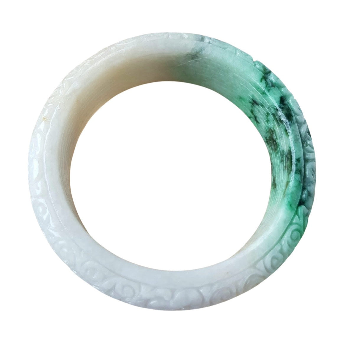 [Little Jade Pavilion] #1104 Green &amp; White Burmese Jadeite Carved Peace Bangle Bracelet
