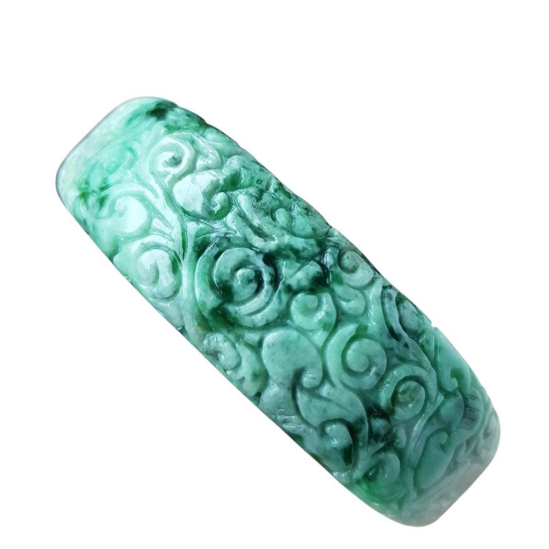 [Little Jade Pavilion] #1104 Green &amp; White Burmese Jadeite Carved Peace Bangle Bracelet