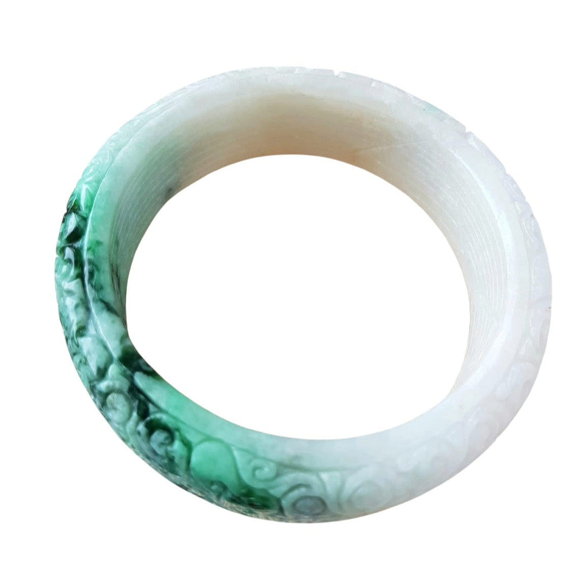 [Little Jade Pavilion] #1104 Green &amp; White Burmese Jadeite Carved Peace Bangle Bracelet
