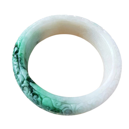 [Little Jade Pavilion] #1104 Green &amp; White Burmese Jadeite Carved Peace Bangle Bracelet