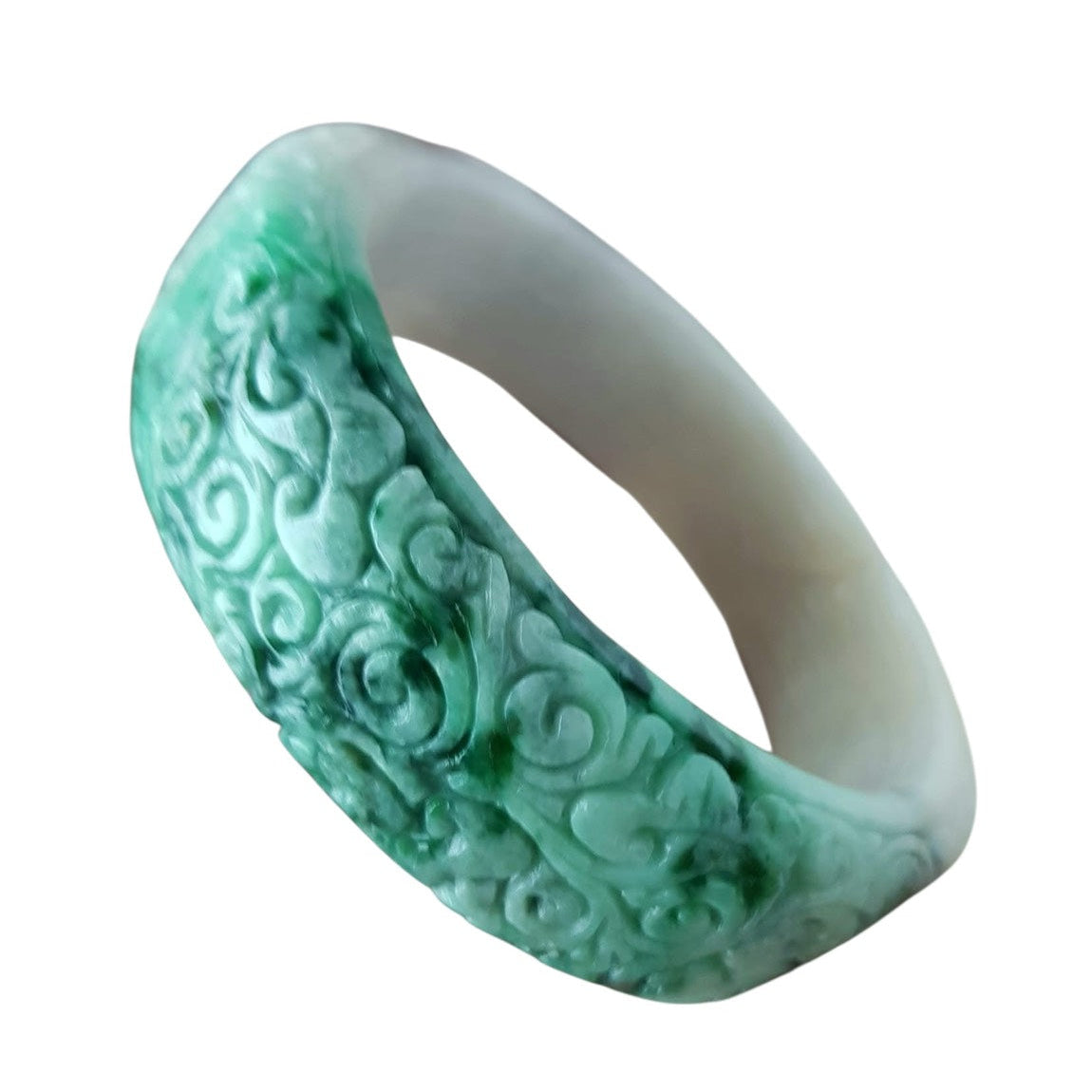 [Little Jade Pavilion] #1104 Green &amp; White Burmese Jadeite Carved Peace Bangle Bracelet