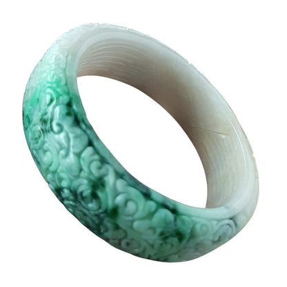 [Little Jade Pavilion] #1104 Green &amp; White Burmese Jadeite Carved Peace Bangle Bracelet