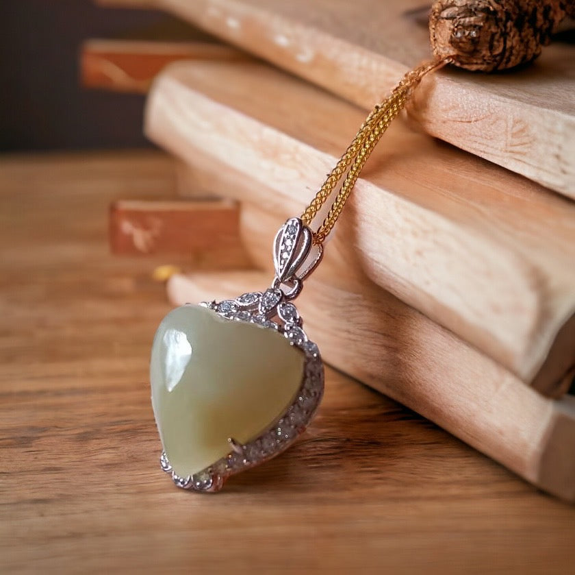 #729, #730, & #732 Exquisite Burma Jadeite Jade Heart-Shaped Pendant Necklace, Sterling Silver
