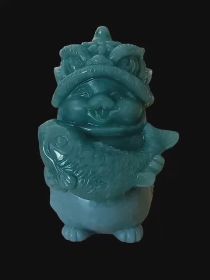 #827 Natural Guatemala Jadeite, Cat Dressed in Lion Costume Holding a Fish Figurine/Display