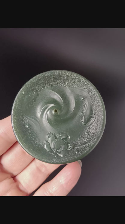 #1054 Natural Green Hetian Nephrite, Twin Koi & Lotus Incense Holder