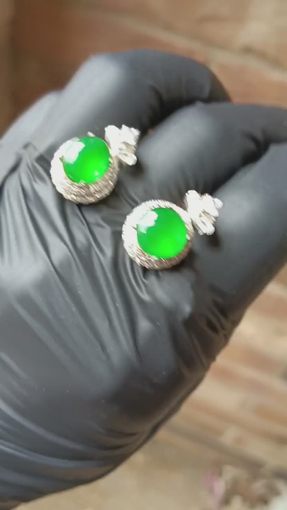 #127 GIA-Certified Icy Translucent Imperial Green Burma Jadeite Cabochons for Custom Earrings